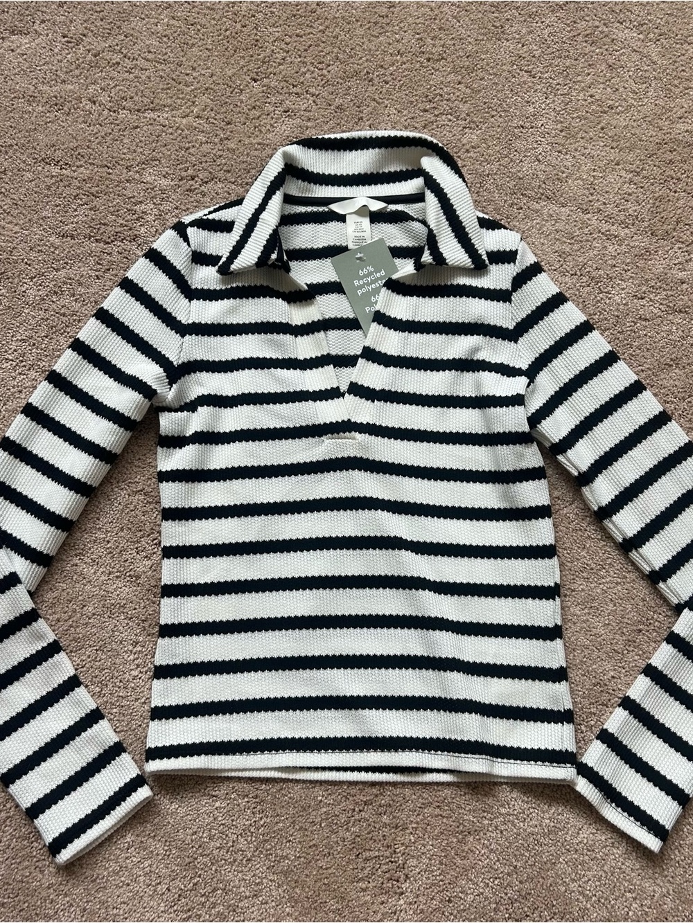 H&M Black & White Striped V-Neck Collared Sweater